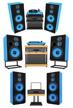 Audio system with vinyl record player and large loudspeakers isolated on white Stock Illustration