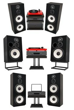 Audio system with vinyl record player and large loudspeakers isolated on wh.. Stock Illustration