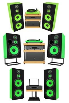 Audio system with vinyl record player and large loudspeakers isolated on wh.. Stock Illustration
