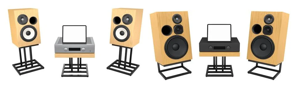 Audio system with vinyl record player and large loudspeakers isolated on white Stock Illustration