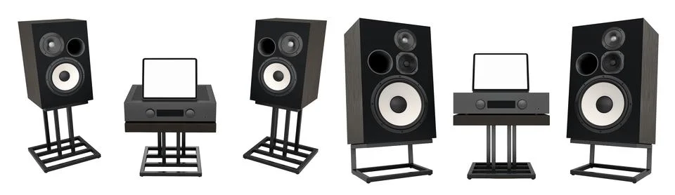Audio system with vinyl record player and large loudspeakers isolated on wh.. Stock Illustration