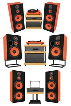Audio system with vinyl record player and large loudspeakers isolated on wh.. Stock Illustration