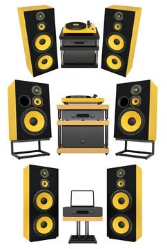 Audio system with vinyl record player and large loudspeakers isolated on wh.. Stock Illustration