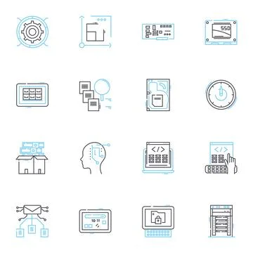 Audio systems linear icons set. Amplifiers, Bluetooth, Bass, Computer, Dolby Stock Illustration