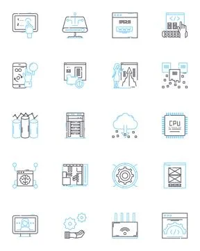Audio systems linear icons set. Amplifiers, Bluetooth, Bass, Computer, Dolby Stock-Illustration