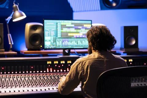 Audio technician processing and editing sounds in control room Stock Photos