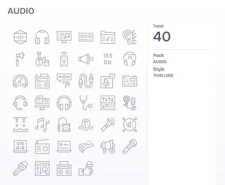 Audio Ultimate Vector Package with 40 64x64 Thin Line Editable Icons Stock Illustration