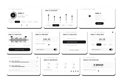 Audio user interface widget cards set minimalist sound mixer podcast player 库存插图