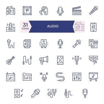 Audio Vector Icon Collection featuring 35 Display Perfect Retina Ready Regu.. Stock Illustration