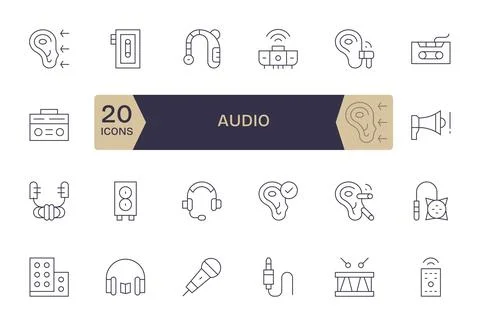 Audio Vector Icon Library with 24 Thin Line 128x128 Display Perfect Designs Illustrazione stock