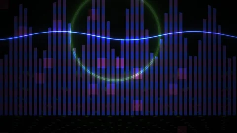 Audio Visualizer with Glowing Green Circle and Dynamic Blue Equalizer Bars .. Stock Footage 343691091