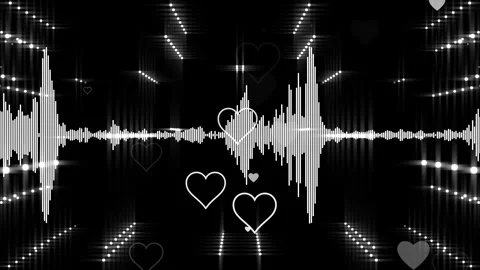 Audio Visualizer White Waveform Spectrum with Heart Particles on Black 4K Stock Footage 344329034