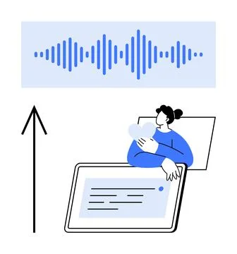 Audio Waveform and Person Using a Tablet Displaying Communication Interface Illustrazione stock