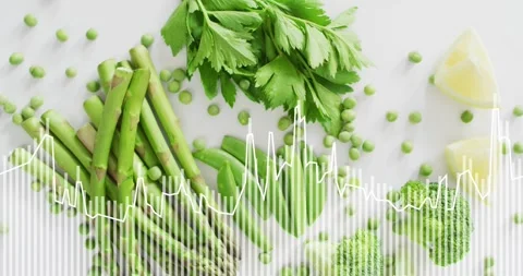 Audio waveform bars oscillating beneath vegetable flat lay, growing spikes Stock Footage 320487452