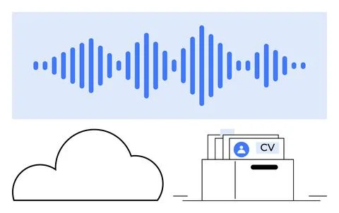 Audio Waveform, Cloud Storage, and Digital CV Management Representing Moder.. Stock Illustration