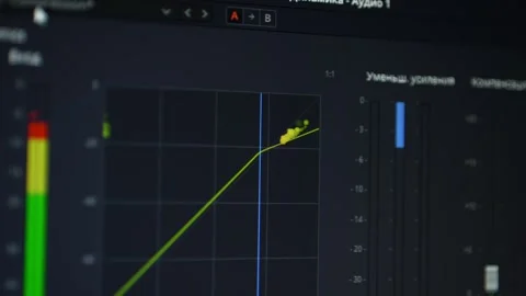 Audio waveform display with green curve and digital control elements Stock Footage 347477196