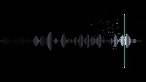 Audio waveform with dynamic glowing line and flowing particles animation on.. Видео 343428768
