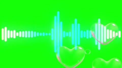 Audio waveform with floating heart. Digital sound wave visualization on green Video stock 340118776