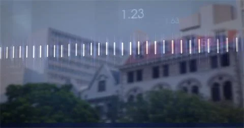 Audio waveform image over blurred city buildings and trees in background Stock Photos