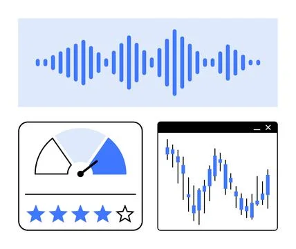 Audio waveform, performance gauge with needle, star rating system, and financ Stock Illustration
