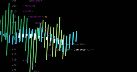 Audio waveform visualizer starting on audio beat, scrolling HTML code showing Stock Footage 313772819