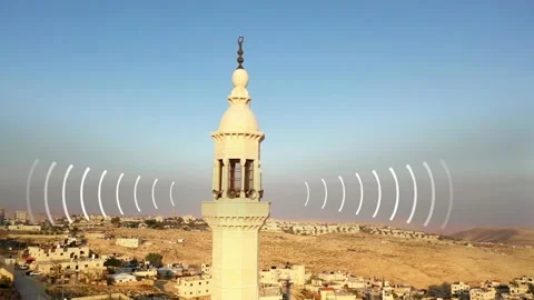 Audio waves emitted from Mosque tower minaret, Aerial Stock Footage 147004522