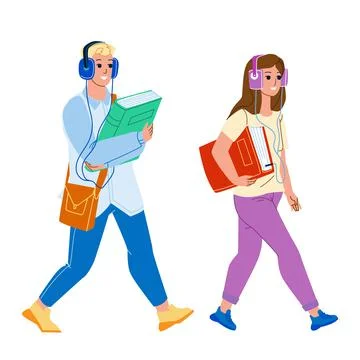 Audiobook Listening Boy And Girl On Street Vector Stock Illustration
