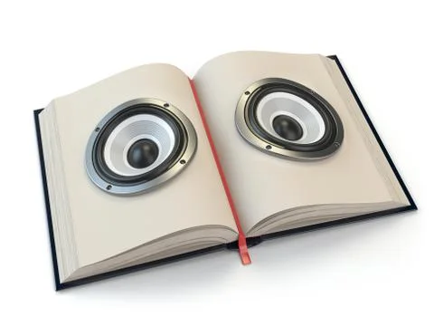 Audiobook or e-learning concept. Open book with loudspeakers on the pages. Stock Illustration