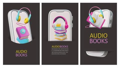 Audiobooks 3D cartoon design vector set, listening to audio books from a Illustrazione stock