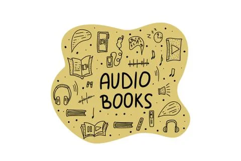 Audiobooks concept. Set of audio book symbols with text. Vector illustration. Ilustración de archivo