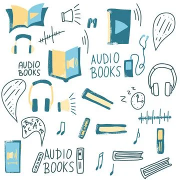 Audiobooks elements collection. Set of audio book symbols with lettering. Vec Stock Illustration