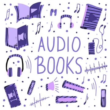 Audiobooks flat elements collection. Set of audio book symbols with lettering Stock Illustration
