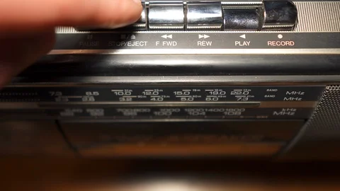 Audiocassette eject from audiorecorder by pressing a button closeup Video stock 111440112