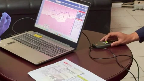 Audiology exam setup showing hearing test device and software. Stock Footage 334832633