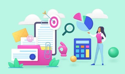 Audit of business account, process of documents management of tiny expert Stock Illustration