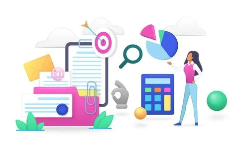 Audit of business account, process of documents management of tiny expert Stock Illustration