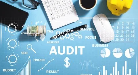 Audit. Business charts, objects, graphs and words. Business concept Stock Photos