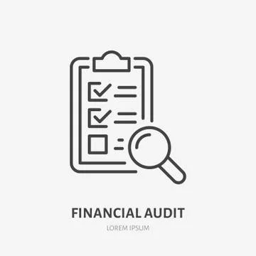 Audit flat line icon. Check list with glass sign. Thin linear logo for legal Illustrazione stock