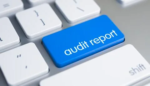 Audit Report - Text on Blue Keyboard Keypad. 3D. Ilustração Stock