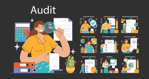 Audit set. Professionals evaluating financial records. Flat vector illustration Illustrazione stock