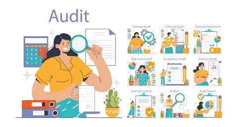 Audit set. Professionals evaluating financial records. Flat vector illustration Illustrazione stock