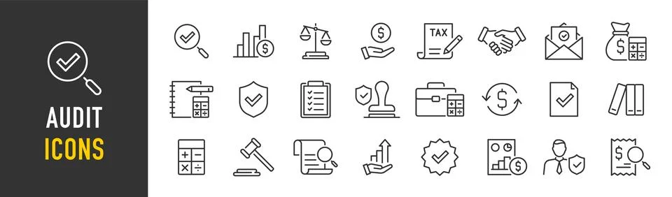 Audit web icon in line style. Assessment, calculator, check mark, auditing,.. Stock Illustration