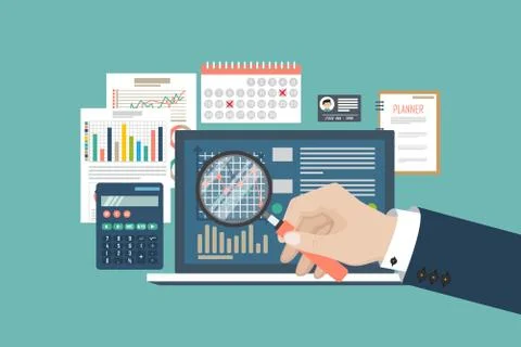 Auditing concept, tax process, analysis, data, accounting, planning, management Illustrazione stock