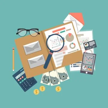 Auditing concept, tax process, analysis, data, accounting, planning, management Stock Illustration