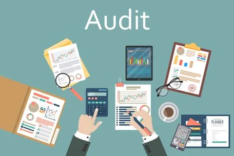 Auditing concept, tax process, analysis, data, accounting, planning, management Illustrazione stock