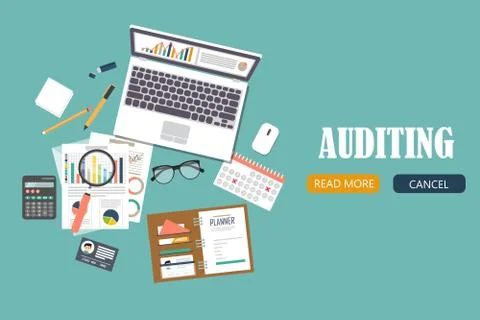 Auditing concept, tax process, analysis, data, accounting, planning, management Stockillustratie