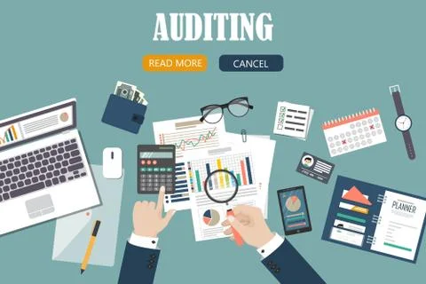 Auditing concept, tax process, analysis, data, accounting, planning, management Illustrazione stock