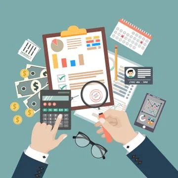 Auditing concept, tax process, analysis, data, accounting, planning, management Stock Illustration