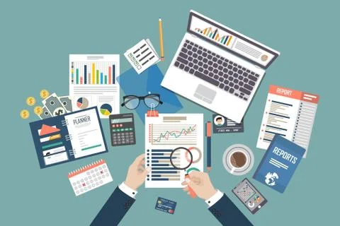 Auditing concept, tax process, analysis, data, accounting, planning, management Illustrazione stock