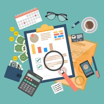 Auditing concept, tax process, analysis, data, accounting, planning, management 스톡 일러스트